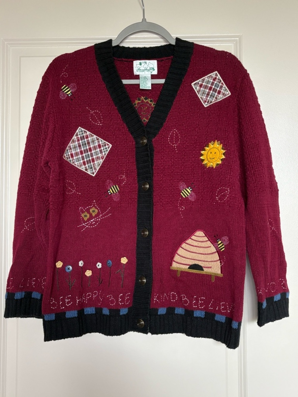 Quacker Factory Vintage 90s Bee Happy Bee Kind Knit Teacher Cardigan Sweater
